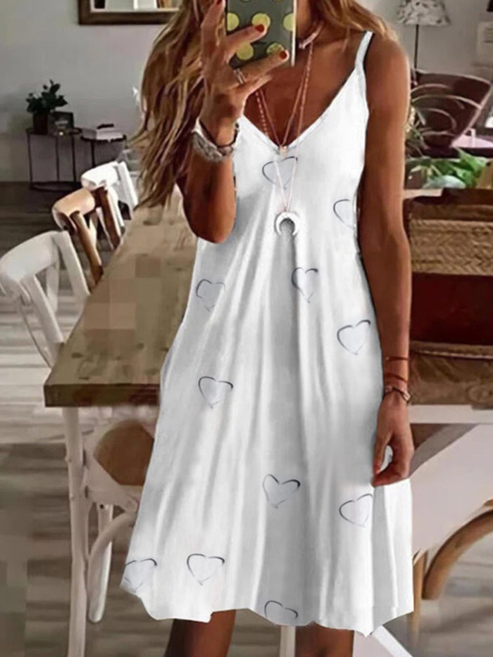 New Women's Sexy V-neck Loose Print Slip Casual Dress
