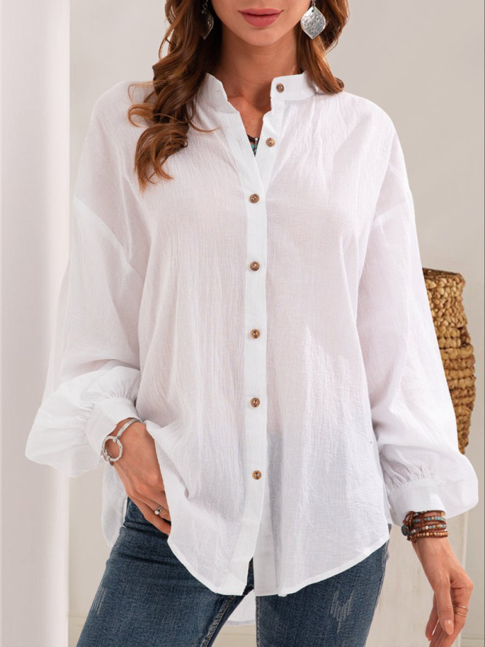 Women's New Solid Color Long Sleeve Cotton Linen Casual Shirt
