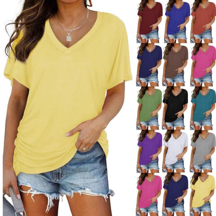 Women's V-neck Solid Color Short Sleeve T-shirt
