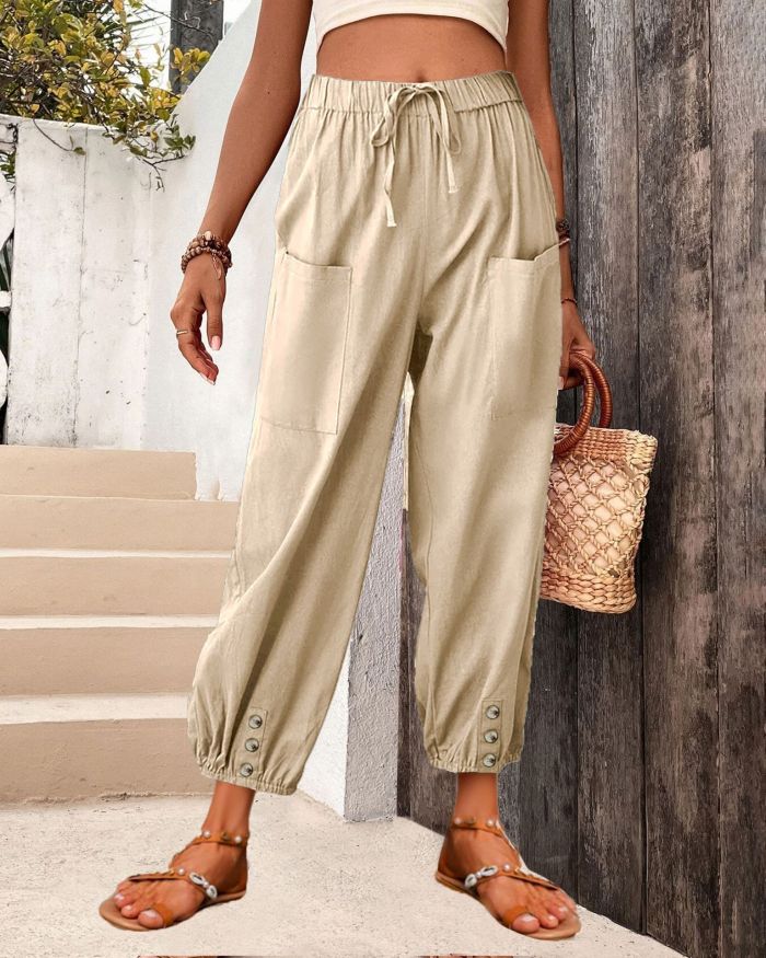 Women's New Loose High-waisted Cotton And Linen Cropped Wide-leg Pants