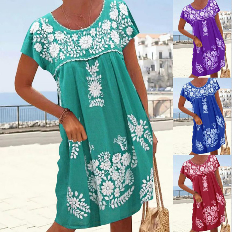 Women's New Ethnic Style Crewneck Short Sleeve Casual Dress