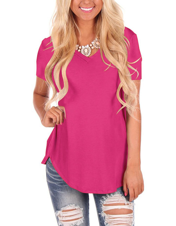 Women's Casual Fashion V-neck Solid Color Large Size Loose Short Sleeve T-shirt