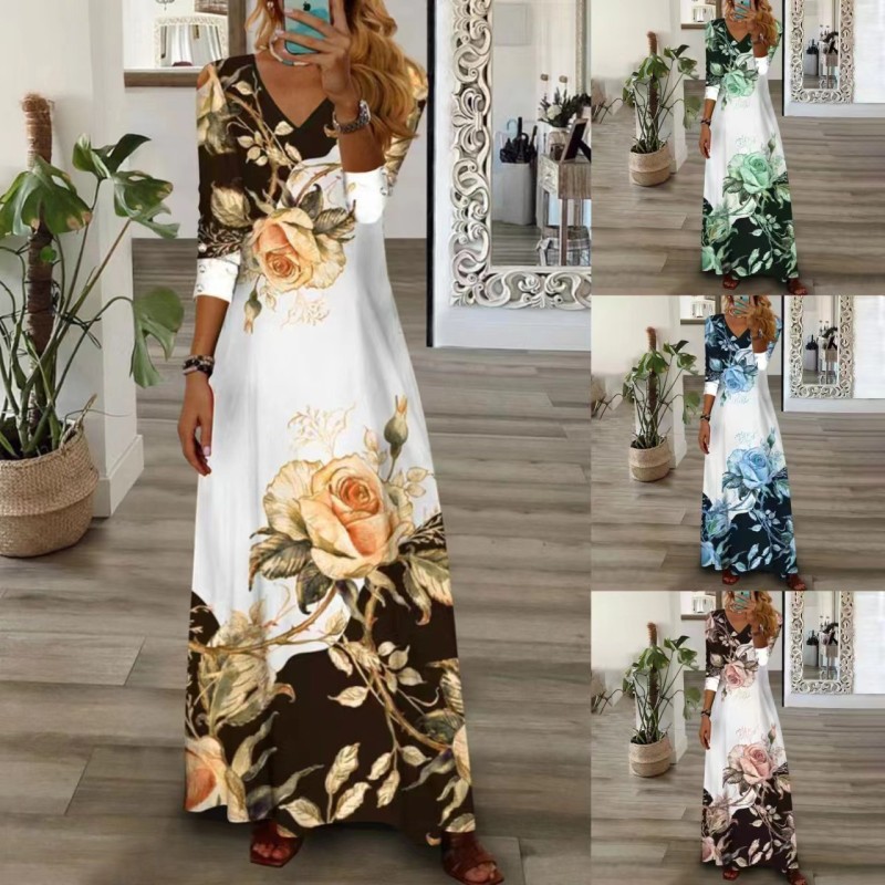 Women's New Fashion Print V-neck Mid-sleeve Maxi Dress