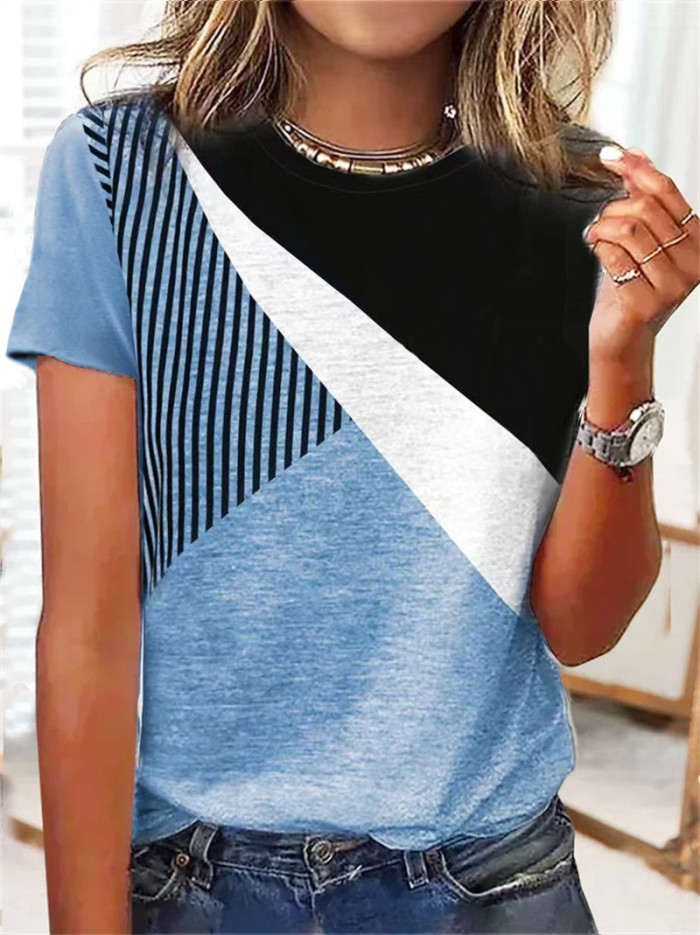 New Women's Color-block Stripe Print Short Sleeve Crewneck Casual T-shirt