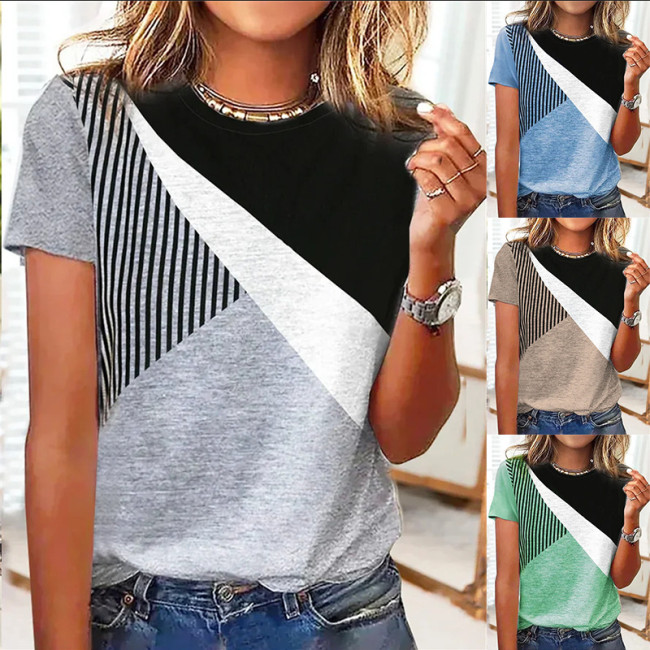 New Women's Color-block Stripe Print Short Sleeve Crewneck Casual T-shirt