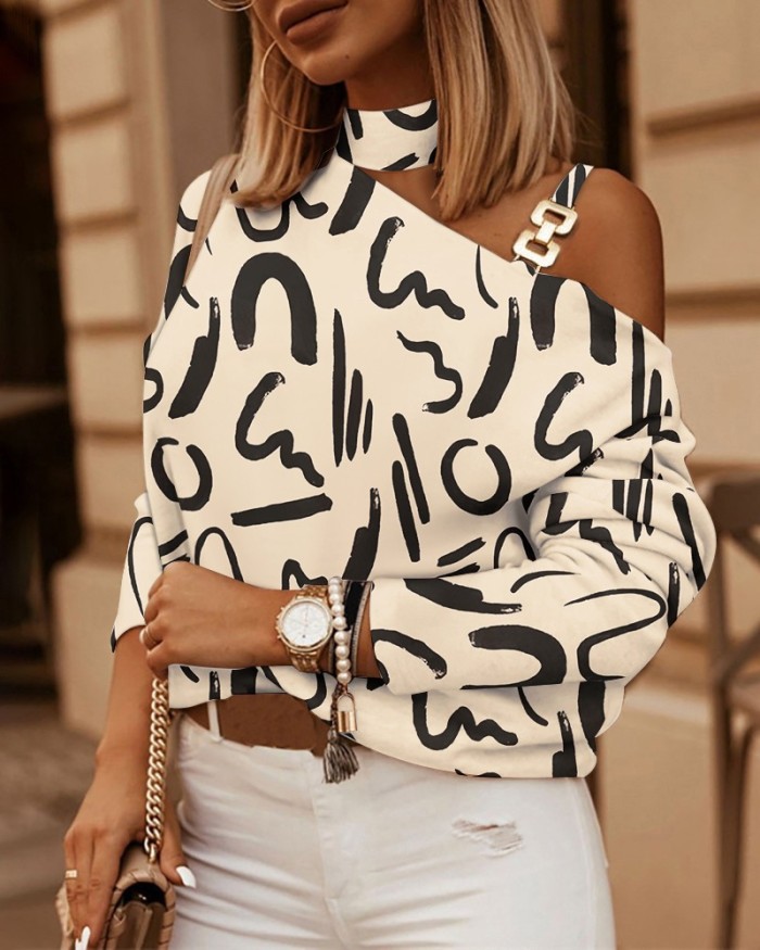 Women's Fashion Long Sleeve Print Button Embellished Blouses