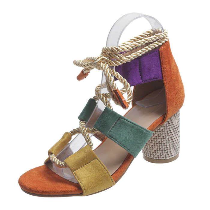 Fashion Plus-size Color-block Suede Lace-up Strappy Casual High-heeled Sandals