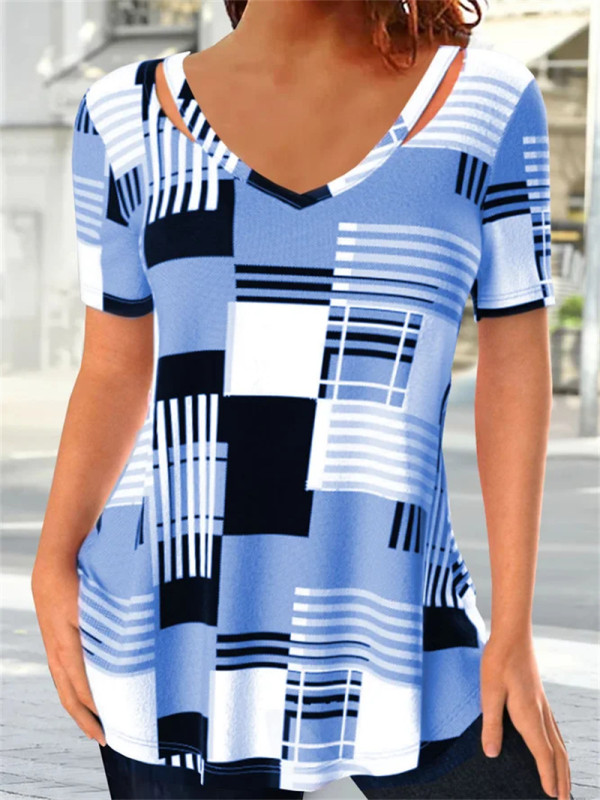 Women's New Casual Fashion Check Print Short Sleeve V-neck T-shirt