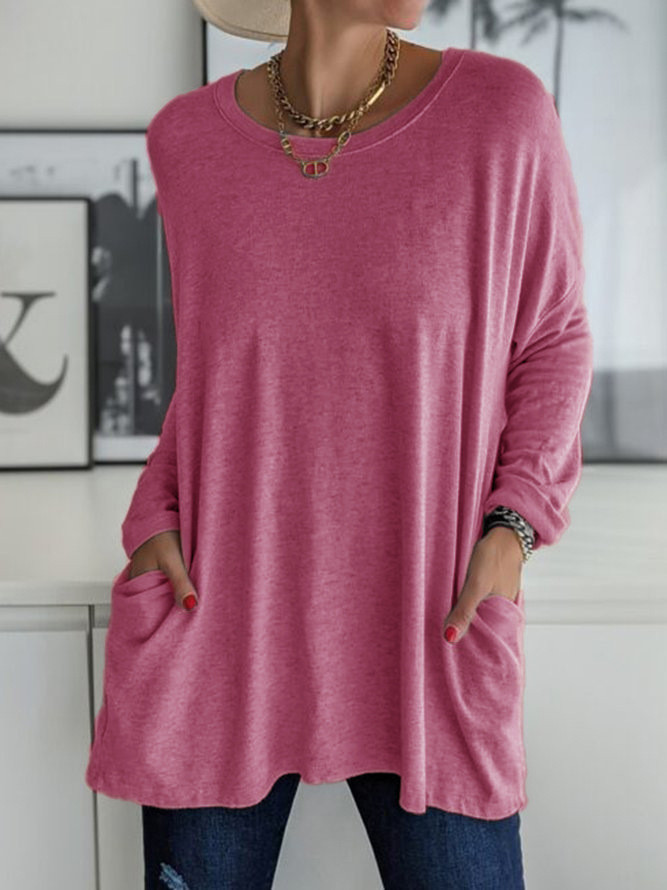 Women's New Long Sleeves Loose Solid Color Crewneck Casual Blouses