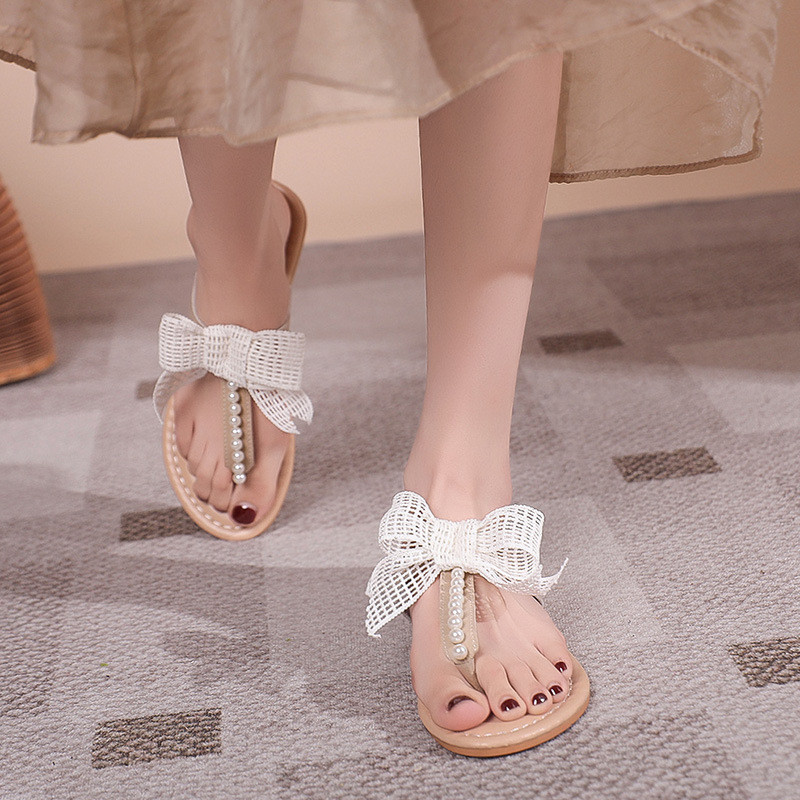 Women's New Vintage Pearl Bow Toe Flat Slippers