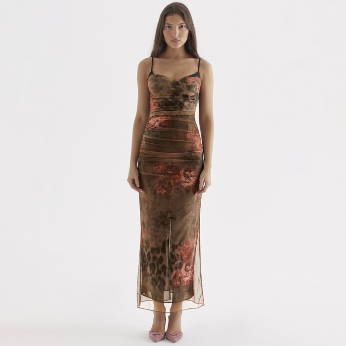 Women's New Mesh Print Split Slender Backless Sleeveless Floral Slip Maxi Dress