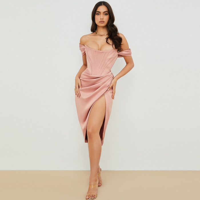 Women's New Bandeau Slim Slit Flat Color Fashion Sexy Evening Dress