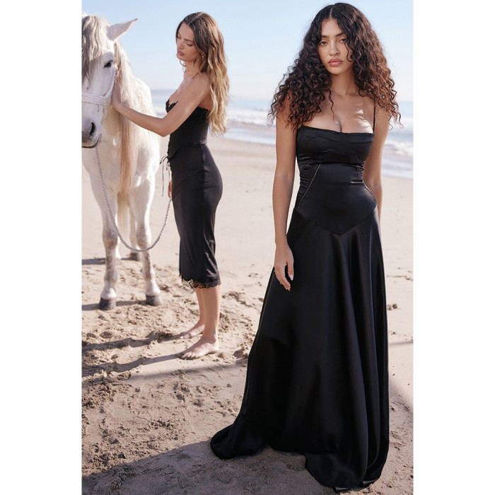 Women's New Fashion Sexy Slim Backless Black Evening Dress