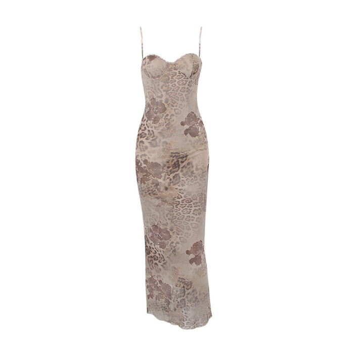 Women's New Mesh Print Back-split Floral Slip Evening Dress