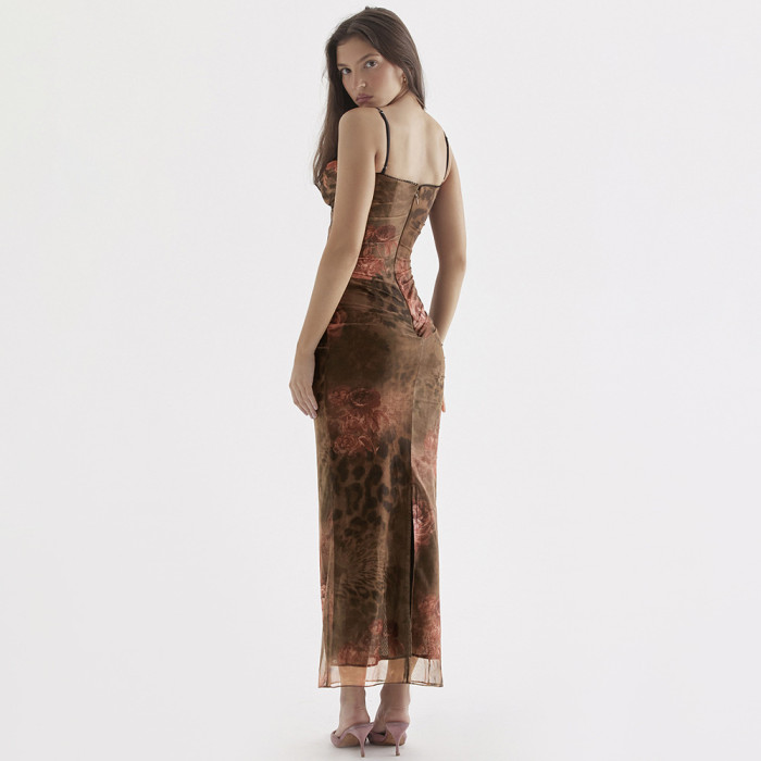 Women's New Mesh Print Split Slender Backless Sleeveless Floral Slip Maxi Dress