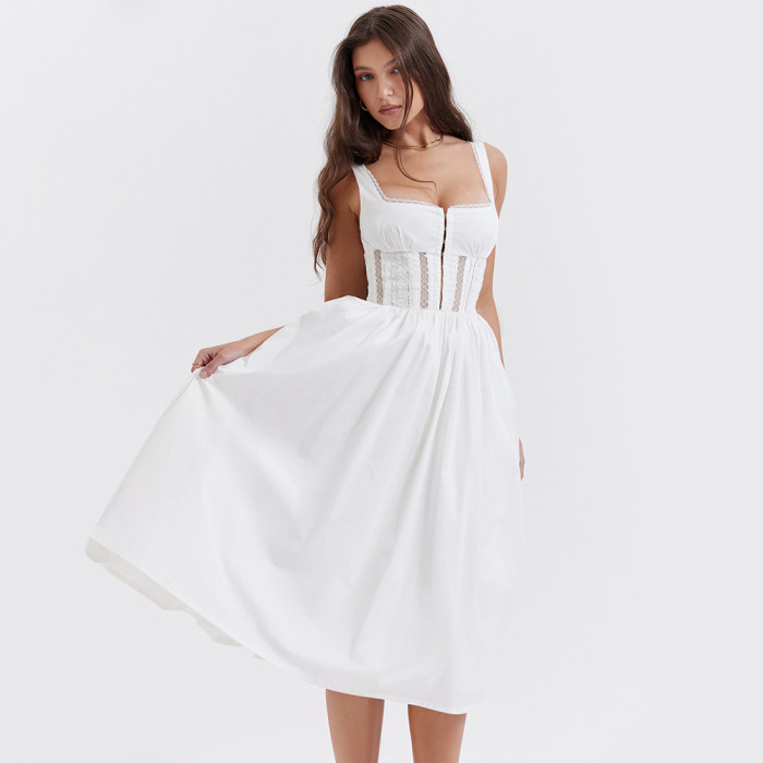 New White Sexy Lace Slip Midi Dress
