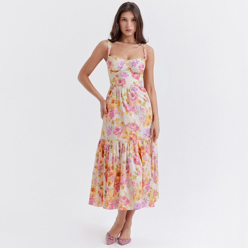 Women's New Broken Floral Backless Sleeveless Slip Midi Dress
