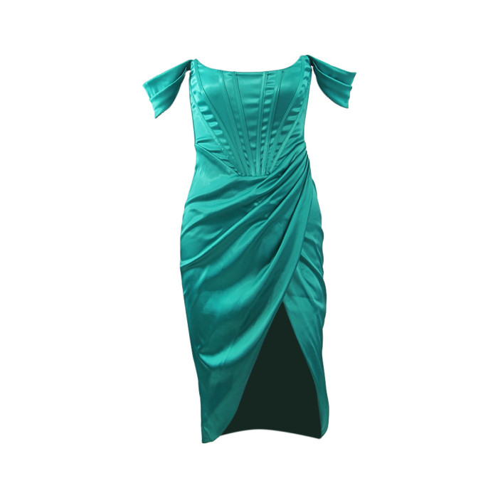 Women's New Bandeau Slim Slit Flat Color Fashion Sexy Evening Dress