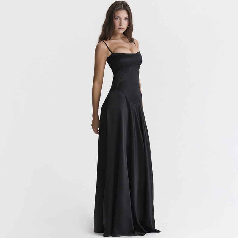 Women's New Fashion Sexy Slim Backless Black Evening Dress