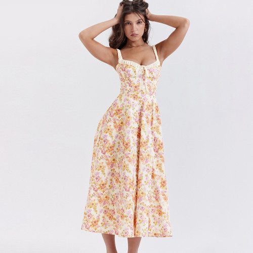 Women's New Sexy Backless Split Resort Style Floral Slip Maxi Dress