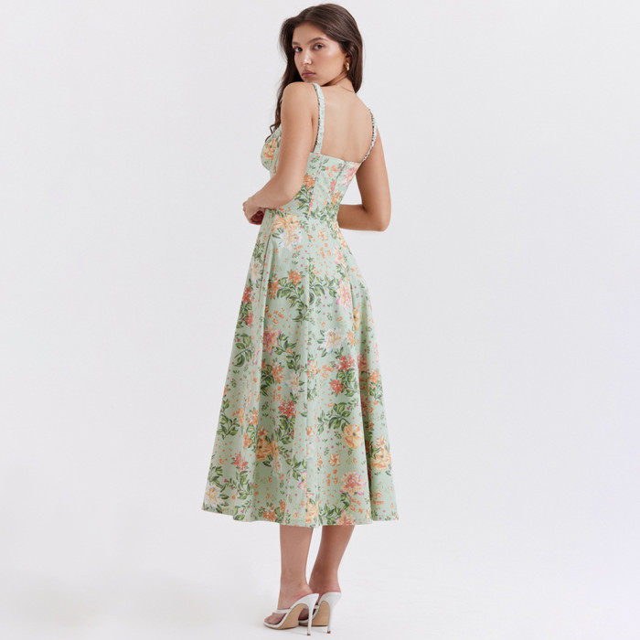 Women's New Sexy Backless Split Resort Style Floral Slip Maxi Dress