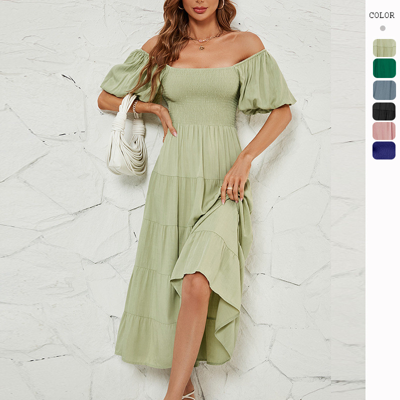 Women's Solid Color High Waist Puff Sleeve Maxi Dress
