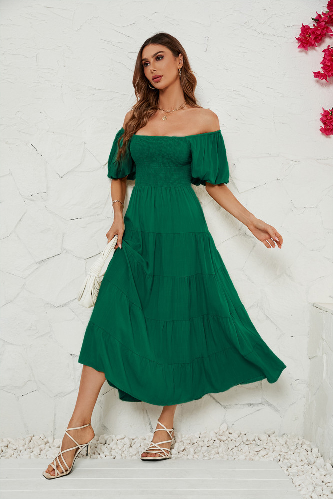 Women's Solid Color High Waist Puff Sleeve Maxi Dress