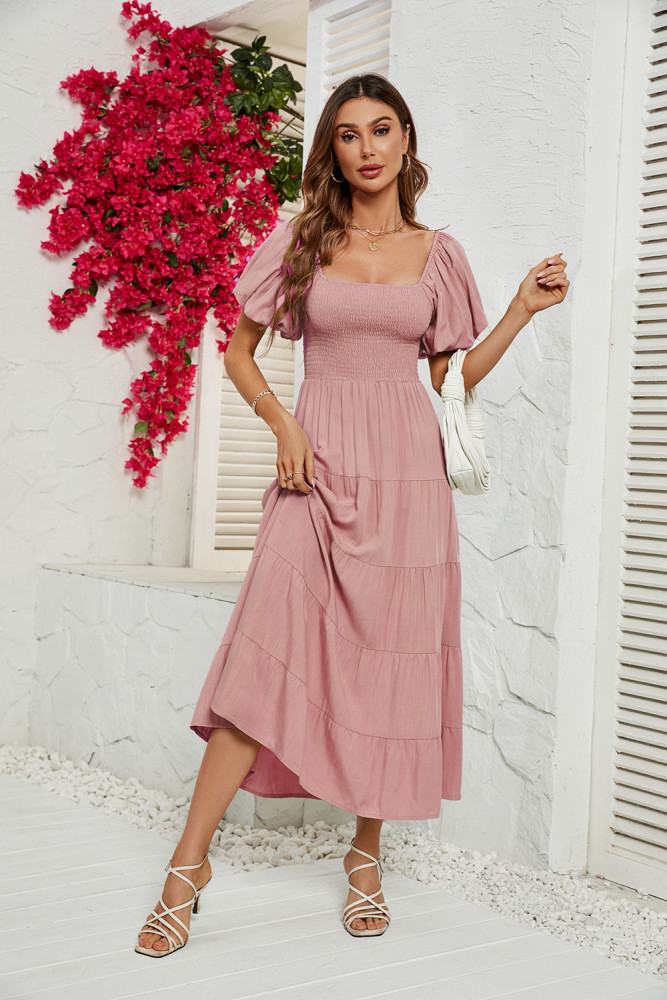 Women's Solid Color High Waist Puff Sleeve Maxi Dress
