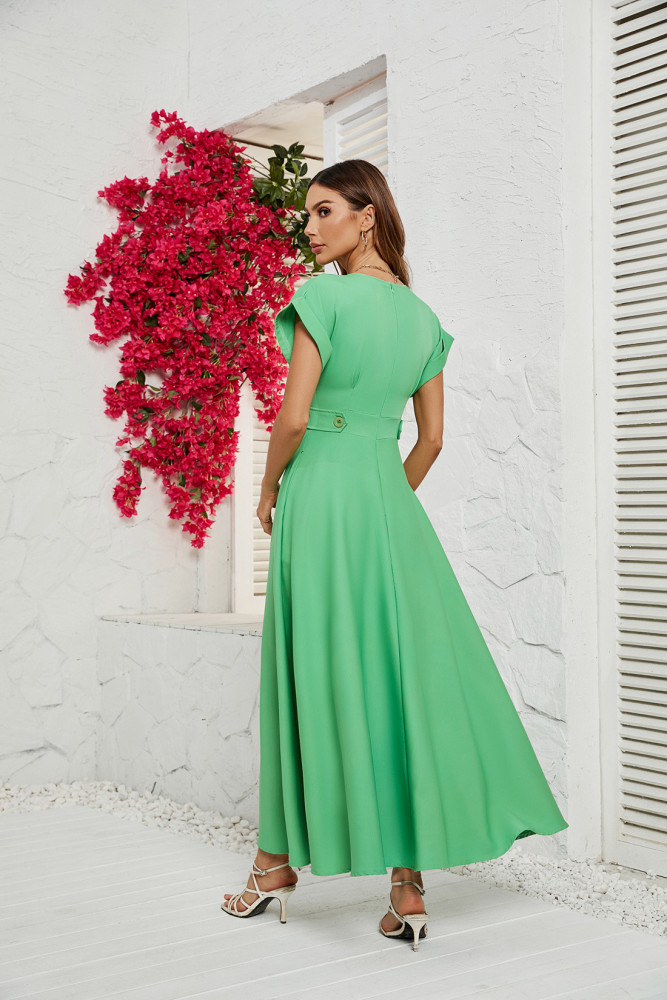 Women's Fashion Solid Color Small V-neck Short Sleeve Maxi Dress