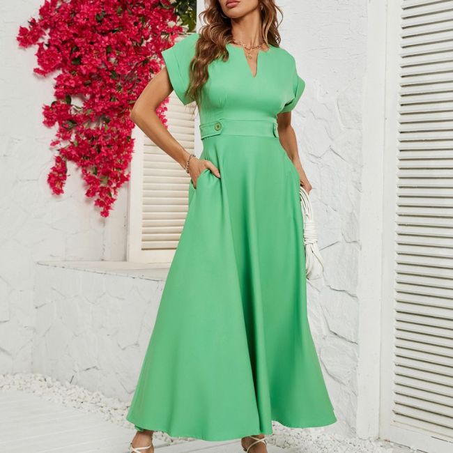 Women's Fashion Solid Color Small V-neck Short Sleeve Maxi Dress