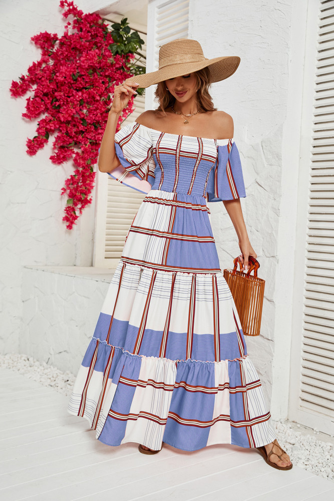 Women's Fashion Off-the-shoulder Short Sleeve Striped Ruffle Maxi Dress