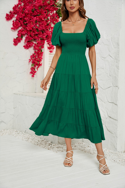 Women's Solid Color High Waist Puff Sleeve Maxi Dress