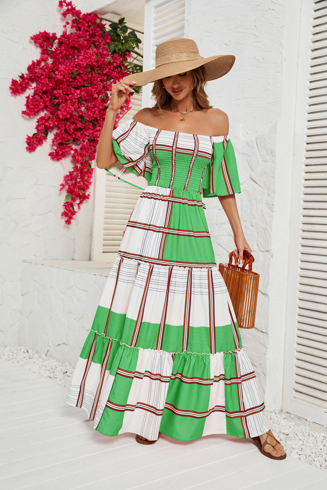 Women's Fashion Off-the-shoulder Short Sleeve Striped Ruffle Maxi Dress