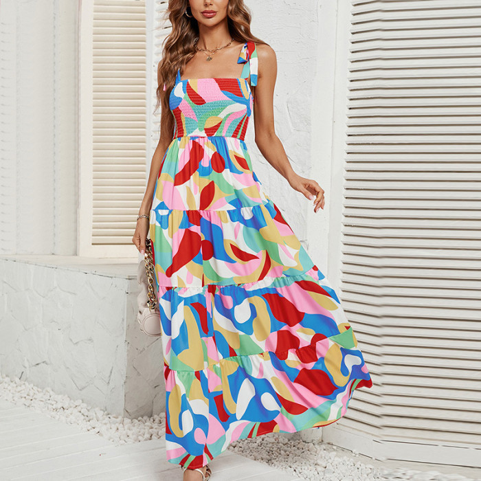 Women's Sweet Lace-up V-neck Print Ruffled Maxi Dress