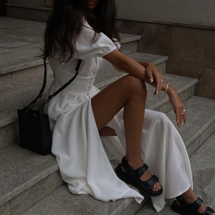 Elegant Stylish Slim Fit Split Puff Sleeve Maxi Dress