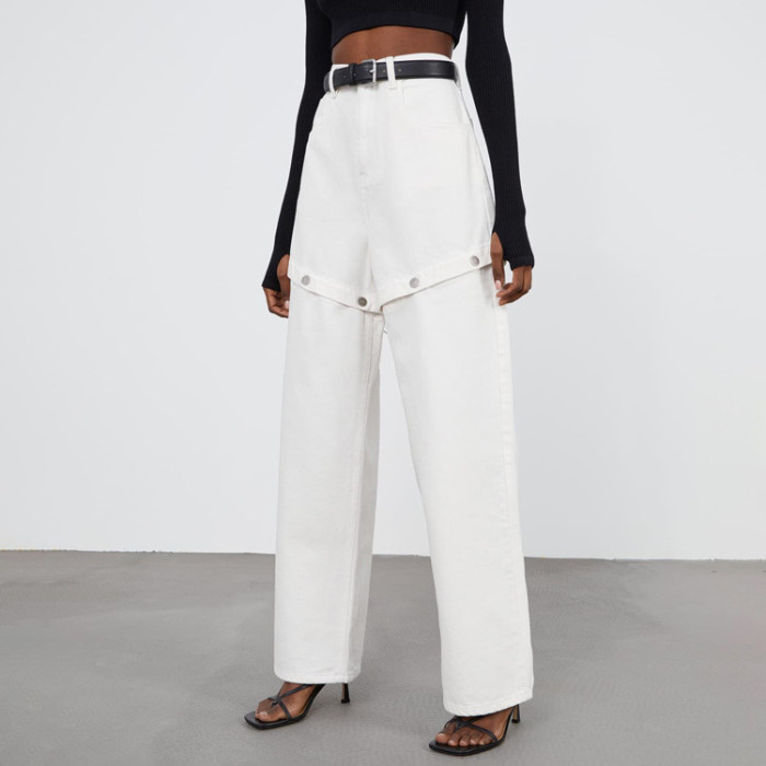 Women's New Casual Paneled Detachable High-waisted Wide-leg Jean