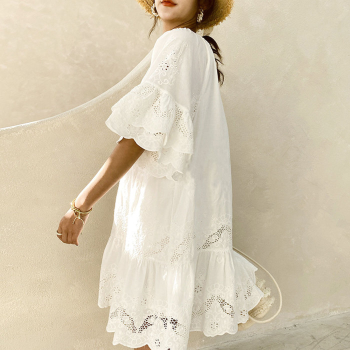 Stylish White Lace Cotton Loose Casual Dress