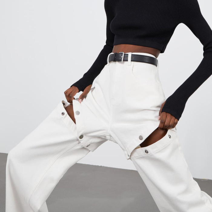 Women's New Casual Paneled Detachable High-waisted Wide-leg Jean