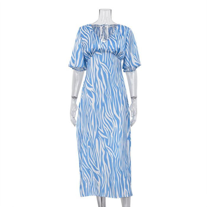 Women's New Short-sleeved Satin Drape Open-back Print Maxi Dress
