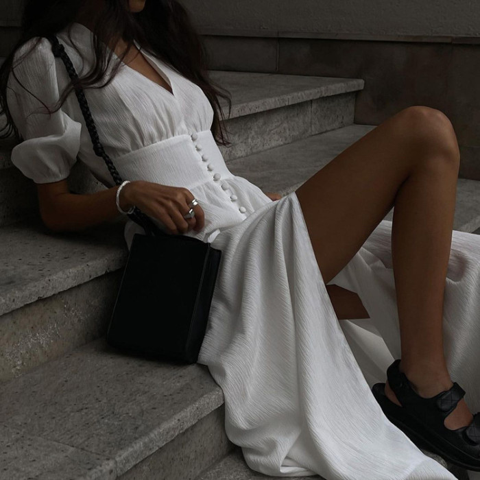 Elegant Stylish Slim Fit Split Puff Sleeve Maxi Dress