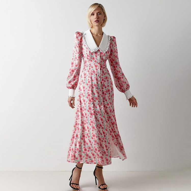 New Stylish High-waisted Slim Sleeve Print Maxi Dress