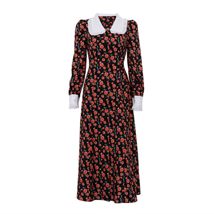 New Stylish High-waisted Slim Sleeve Print Maxi Dress