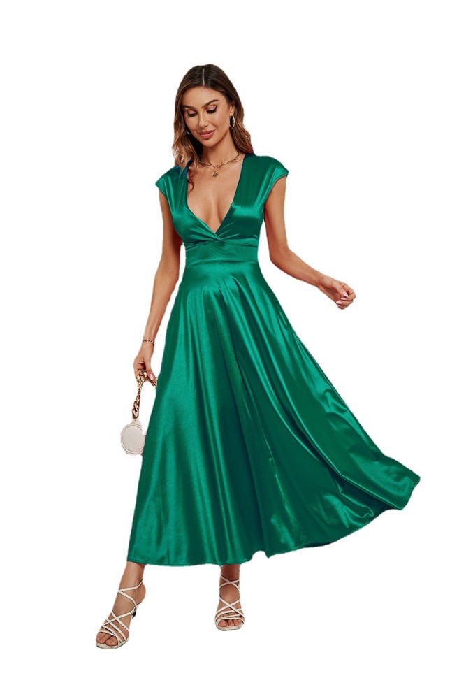 Women's Solid Color V-neck Short Sleeve Swing Maxi Dress