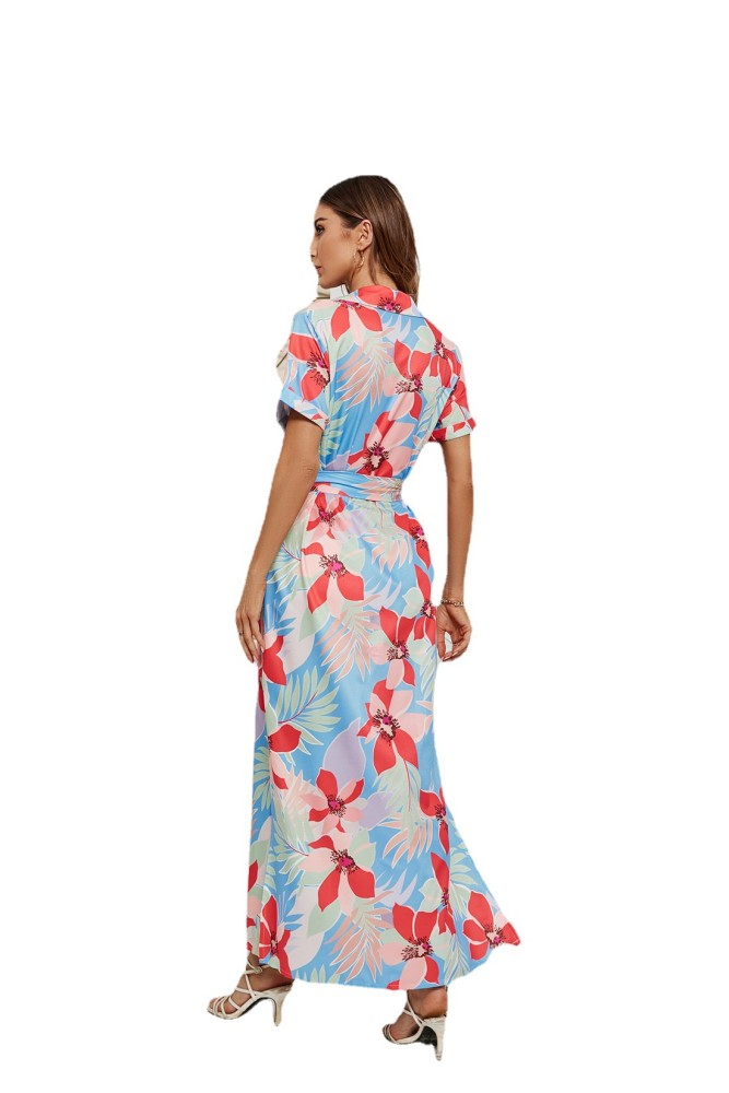 Women's Casual Print Lace-up Split Short Sleeve Maxi Dress
