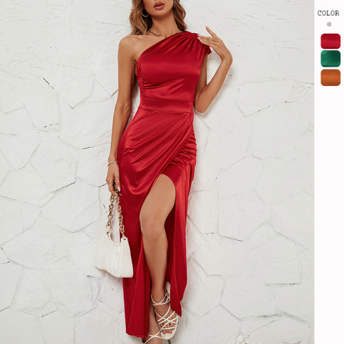 Womenswear Slanted Neck Pleated Sexy Split Slim Maxi Dress