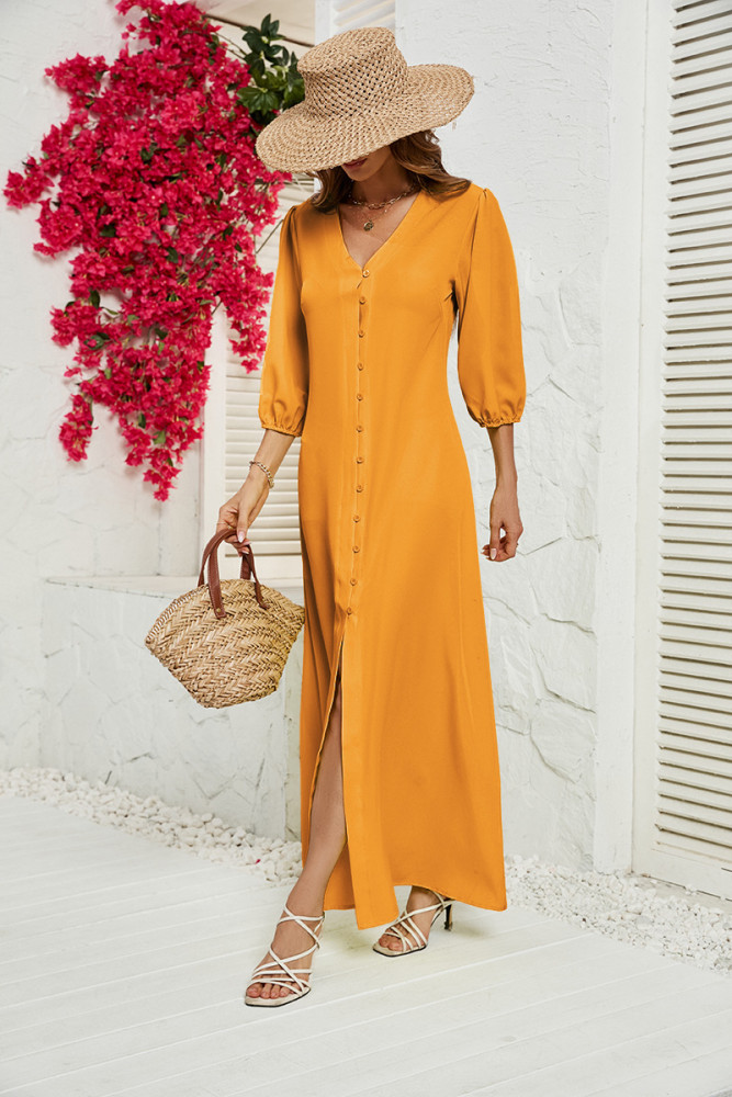 Women's New V-neck Solid Color Buttoned Five-quarter Sleeve Maxi Dress