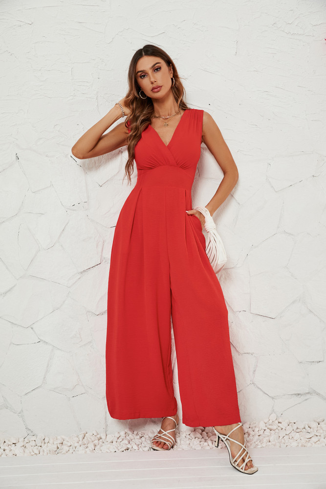 Women's Solid Color Fashion Sleeveless V-neck Wide-leg Jumpsuit