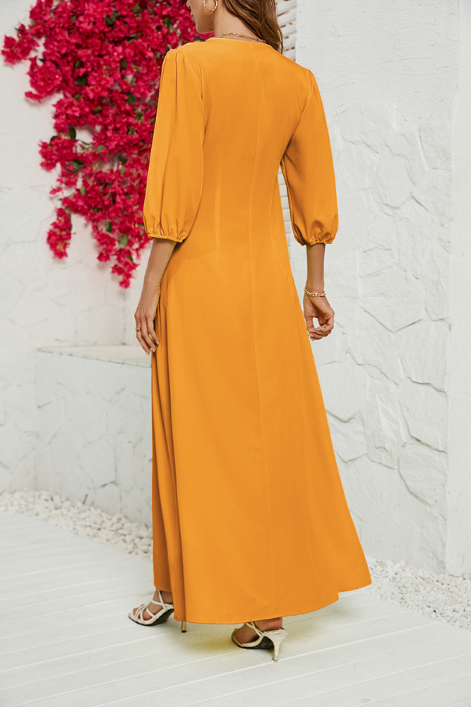 Women's New V-neck Solid Color Buttoned Five-quarter Sleeve Maxi Dress