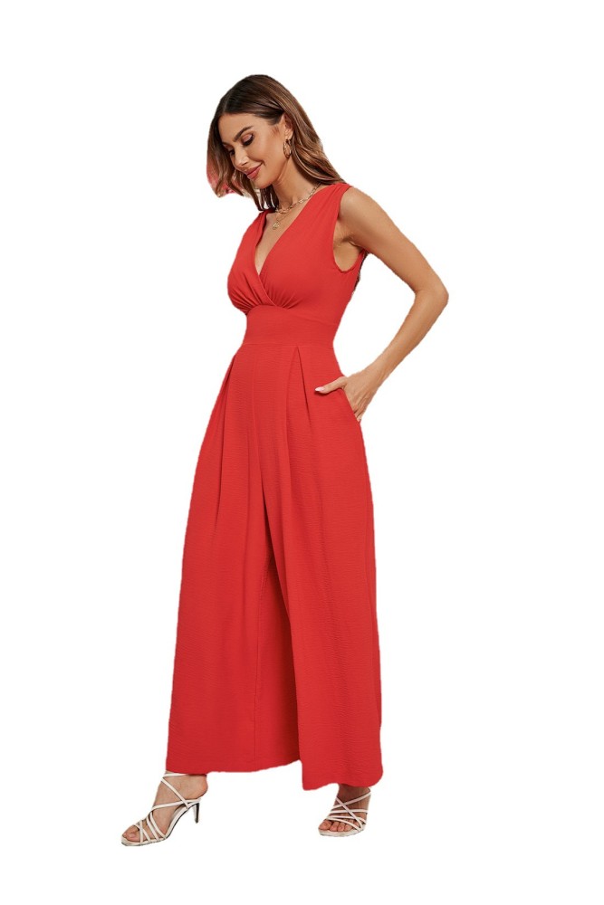 Women's Solid Color Fashion Sleeveless V-neck Wide-leg Jumpsuit