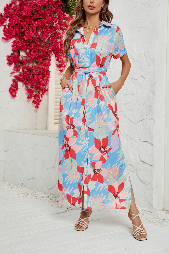 Women's Casual Print Lace-up Split Short Sleeve Maxi Dress